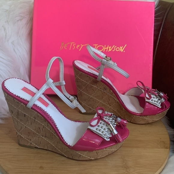 Betsey Johnson NIB Leather Honest Fuchsia Cork Wedge Platform Espadrille Heels 7 - Picture 10 of 17